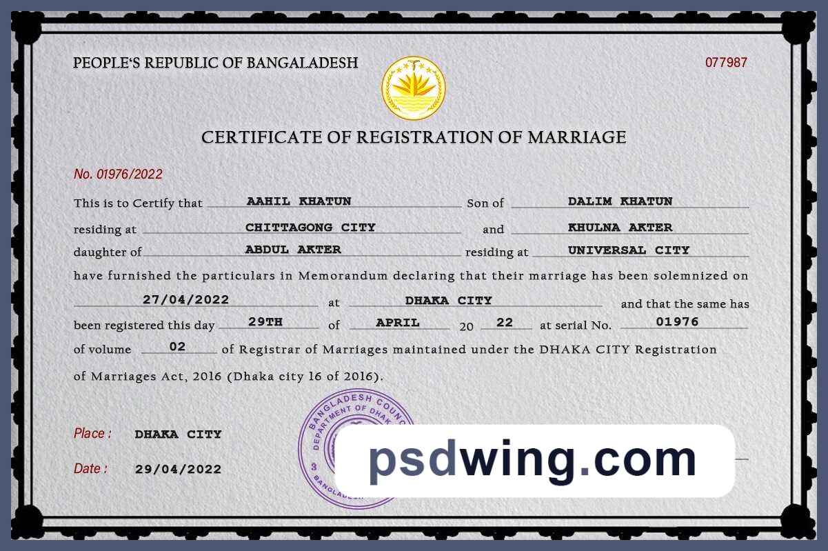 Bangladesh Marriage Certificate PSD Template